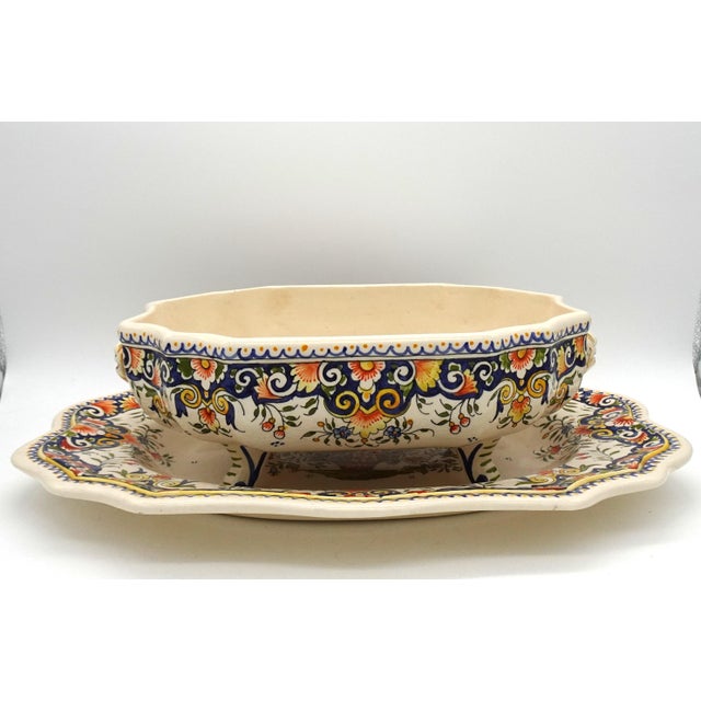 Ceramic Large Vintage Hand Painted French Vieux Rouen Tureen with Charger, 1930s For Sale - Image 7 of 18