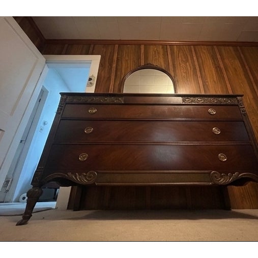 Wood Traditional Vintage Vanity Suite With Carved Wood Mirror and Storage Pedestals For Sale - Image 7 of 7