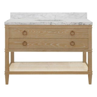 Matthew Izzo Home Cutler 48" Cerused Oak Two Drawer Single Sink Bath Vanity With Open Cane Shelf and Brass Drawer Pulls For Sale