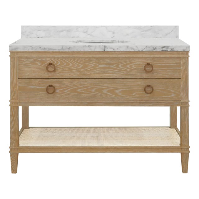 Matthew Izzo Home Cutler 48" Cerused Oak Two Drawer Single Sink Bath Vanity With Open Cane Shelf and Brass Drawer Pulls For Sale
