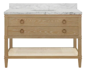 Matthew Izzo Home Cutler 48" Cerused Oak Two Drawer Single Sink Bath Vanity With Open Cane Shelf and Brass Drawer Pulls