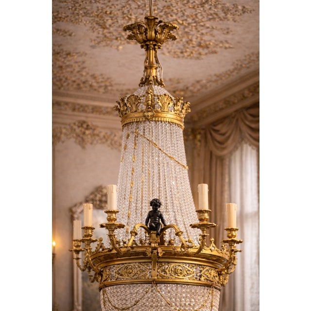 Vintage French Louis XVI Gold Bronze Crystal Chandelier For Sale - Image 11 of 16