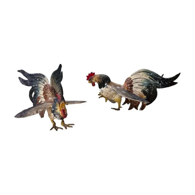 Antique Painted Metal Rooster Decorative Figurines, 1920s, Set of 2 For Sale - Image 9 of 10