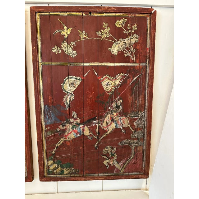 Chinese Pair of Distressed Antique Chinese Hand Painted Wooden Panels For Sale - Image 3 of 13