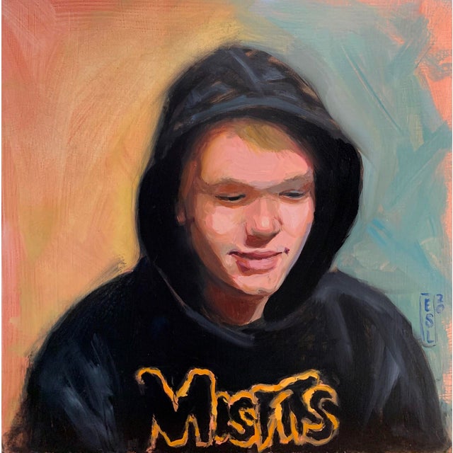 Misfits Hoodie by Ellen Starr Lyon | Oil Painting of a young person in a black hoodie For Sale