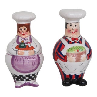 Mr and Mrs Chef Salt and Pepper Shakers Porcelain Hand Painted a Pair For Sale