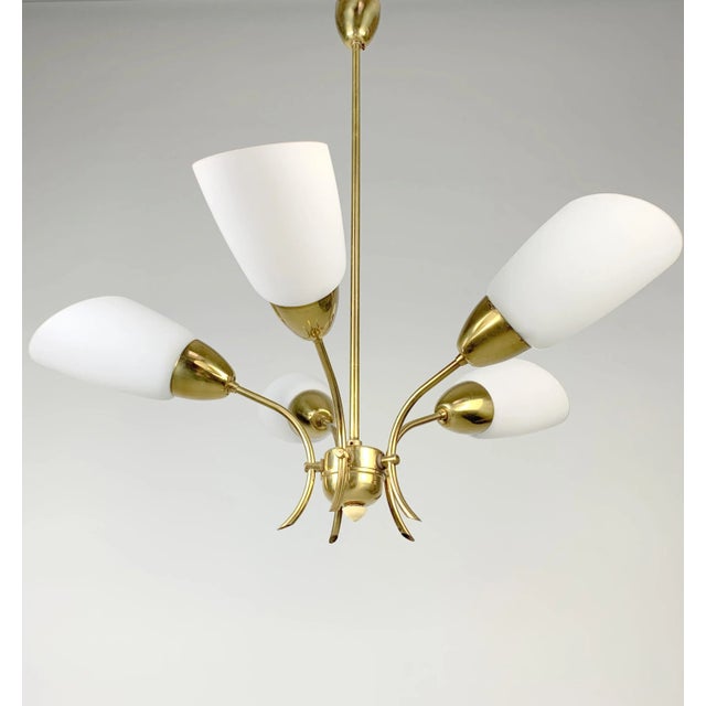 Brass and White Glass Chandelier, 1980s For Sale - Image 3 of 8