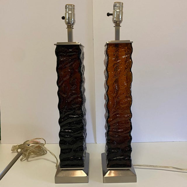 Amber-Brown Textured Wavy Glass Table Lamps in the Mid-Century Modern Taste - A Pair For Sale - Image 9 of 12