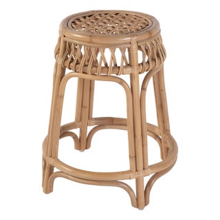 Antigua 24.75 in. Seat Height Round Rattan Counter Stool with Footrest, Natural Rattan For Sale