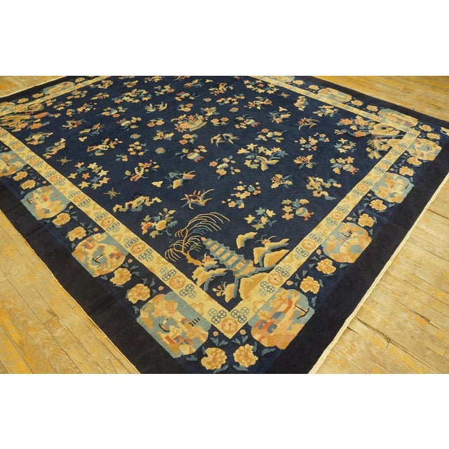 1920s 1920s Navy Blue Floral Shou Antique Chinese Art Deco Rug 8' 2''x 9' 10'' Knotted Wool Carpet For Sale - Image 5 of 12