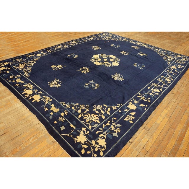 Textile Antique Chinese Peking Rug Hand Knotted Wool Oriental Blue Floral Deco 1920s For Sale - Image 7 of 10
