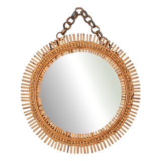 Round Rattan and Bambo Mirror with Chain attributed to Franco Albini, Italy, 1960s For Sale