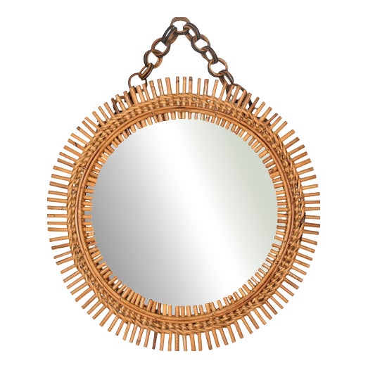 Round Rattan and Bambo Mirror with Chain attributed to Franco Albini, Italy, 1960s For Sale