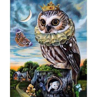 The King's Prey by Claudia Griesbach-Martucci | Oil on board Owl with a crown and a butterfly. For Sale