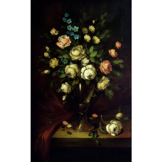 Exquisite still life by Salvatore Marinelli, featuring a delicate arrangement of white roses and greenery in a refined...