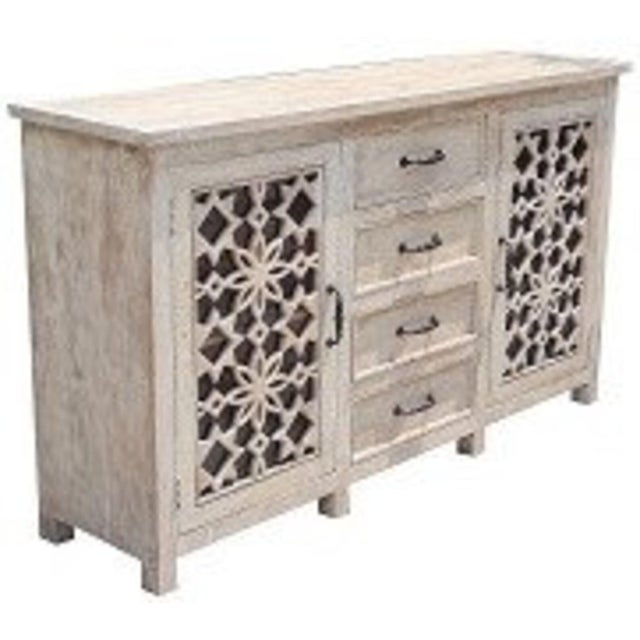 This Country Cottage Buffet Cabinet features floral carving, two doors, and four center drawers in a whitewashed mango...