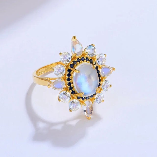 Kai Moonstone Sapphire Cocktail Ring in 14k Solid Gold, size 5.5 For Sale - Image 9 of 12