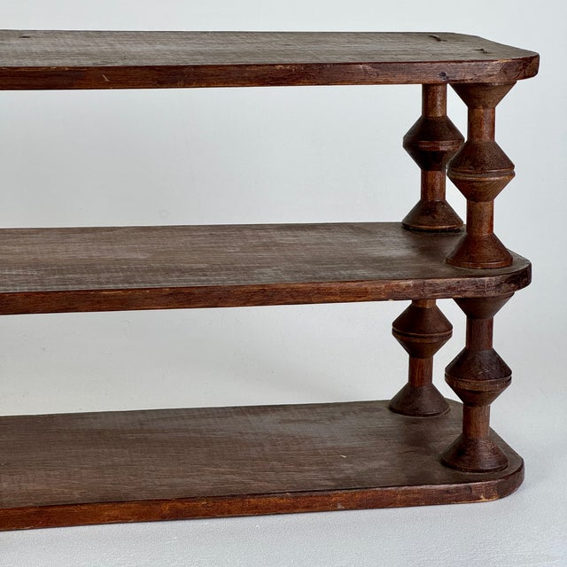 Vintage French Salvaged Bobbin Reels 3 Tier Wood Shelving Unit, Table/Counter Top Etageres For Sale In New York - Image 6 of 18