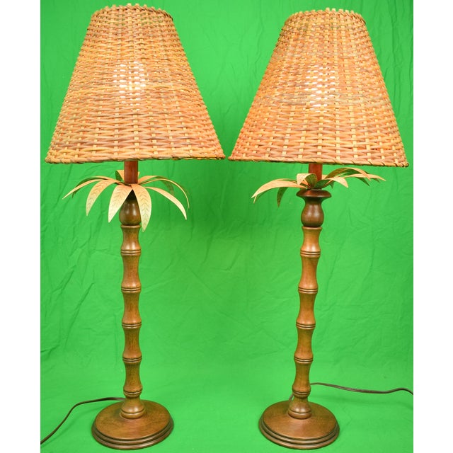 Pair X English Mahogany Table Lamps W/ Metal Palm Fronds & Faux Bamboo Stems For Sale - Image 4 of 5