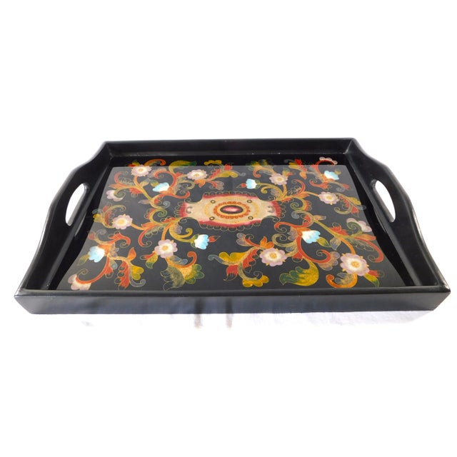 Vintage Hand Painted Black Lacquer Floral Wood Serving Tray With Handles For Sale - Image 10 of 10