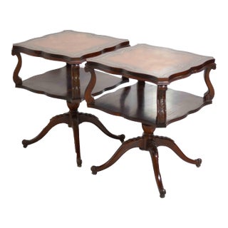 1950s Georgian Revival Leather Mahogany Occasional Tripod Tables by Venice Furniture Novelty Manufacturing Co.Chicago For Sale