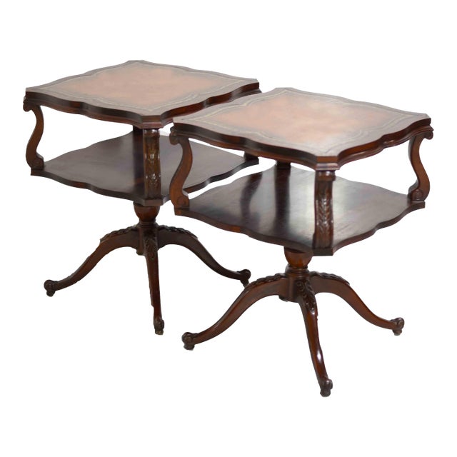 1950s Georgian Revival Leather Mahogany Occasional Tripod Tables by Venice Furniture Novelty Manufacturing Co.Chicago For Sale