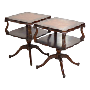 1950s Georgian Revival Leather Mahogany Occasional Tripod Tables by Venice Furniture Novelty Manufacturing Co.Chicago
