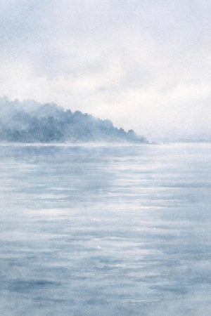 Misty Coastal Horizon, Minimalist Blue Seascape Art Print, 24″ × 36″