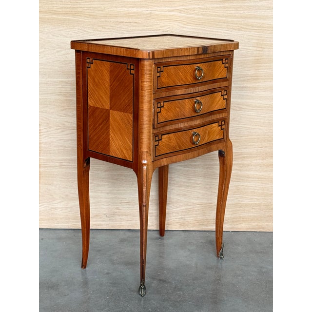 Stone Antique Louis XV French Marquetry Marble Top Nightstands, Set of 2 For Sale - Image 7 of 15
