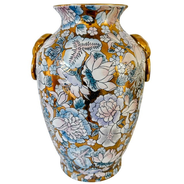 Chinoiserie Mid 20th Century Macau Enameled Gold-Ground Lotus & Peony Vase / Lamp Base For Sale - Image 3 of 8