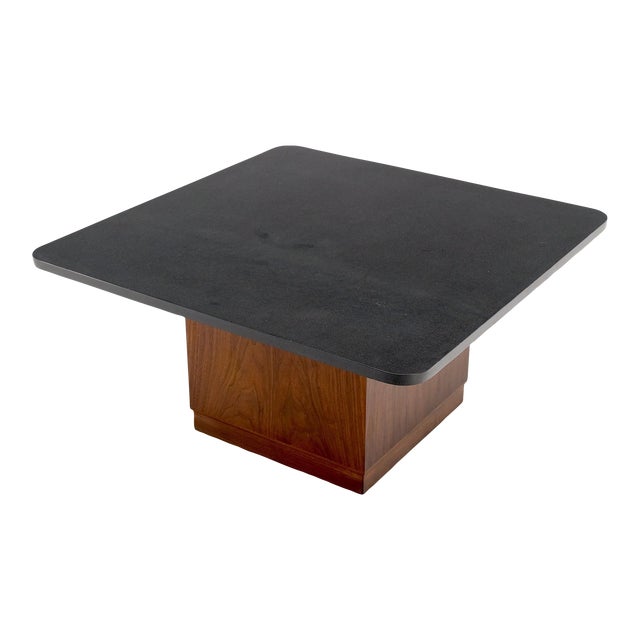 Cube Shape Oiled Walnut Pedestal Base Square Slate Too Coffee Center Table For Sale