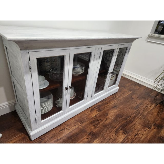 Credenza Sideboard Bookcase vintage! Wood painted distressed look. Coastal. Unknown brand. 61W X 35H X 21D. Glass front...
