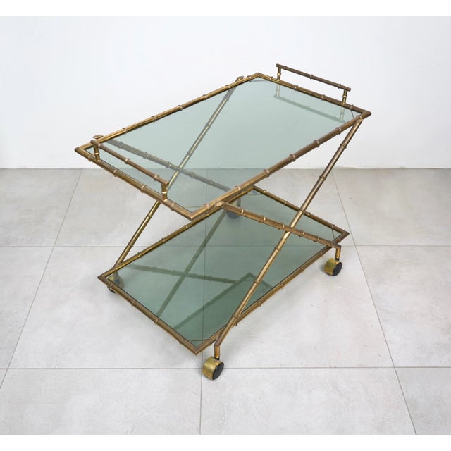 Faux Bamboo Brass & Smoked Glass Serving Cart from Rue Royale, France, 1960s For Sale - Image 8 of 18