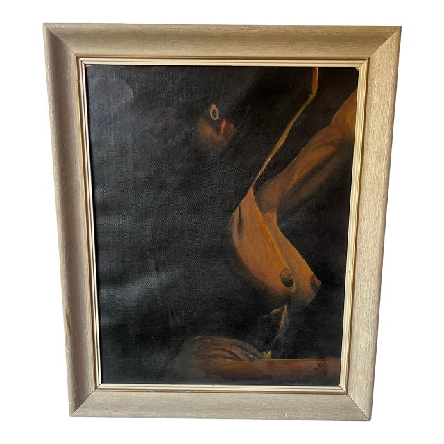 Vintage Mid Century Nude Women Canvas Framed Oil Painting Signed For Sale