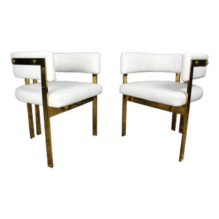 Pair of Leather and Brass Jaime Arm Chairs by Artistic Frame For Sale