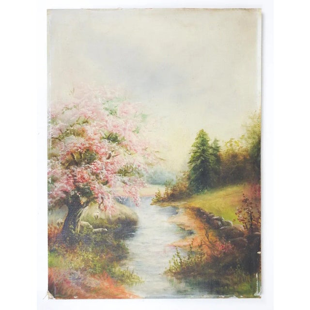 Vintage Creekside Landscape Painting With Pink Flowering Tree For Sale In Seattle - Image 6 of 7