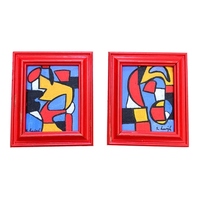 Contemporary Two Miniature Original Abstract Paintings by Stephen Heigh “i Agree” & “We Agree” -Set of Two For Sale