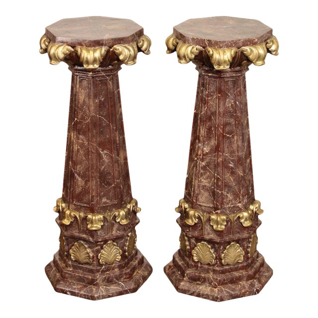 Late 20th Century Neoclassical Style Partial Gilt Faux Marble Painted Column Pedestals - A Pair For Sale