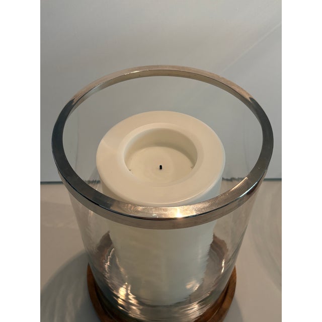 Transitional Gorgeous Retired Arteriors Home Milena Glass Hurricane With Wood Base & Polished Stainless Accents For Sale - Image 3 of 10
