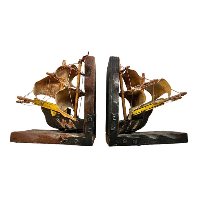 1970s Wood Pirate Ship Bookends For Sale
