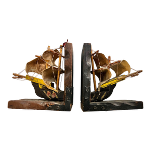1970s Wood Pirate Ship Bookends