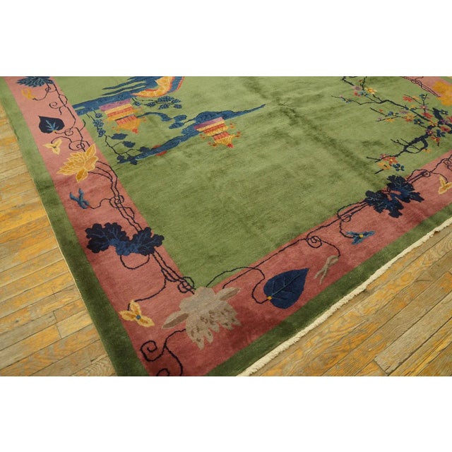 Asparagus Beautiful Rare Green Color Antique Wool Piler Chinese Art Deco Carpet Rug For Sale - Image 8 of 12