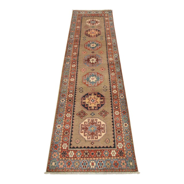 Kazak Runner 2’8” X 9’5” Brown Wool Tribal Hand-Knotted Oriental Rug For Sale
