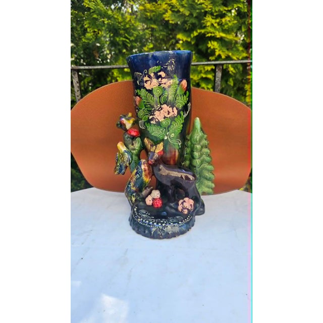 Ceramic vase, 1960s, deer, birds, flowers, dimensions: height 26 cm, width 14 cm, depth 15.5 cm.