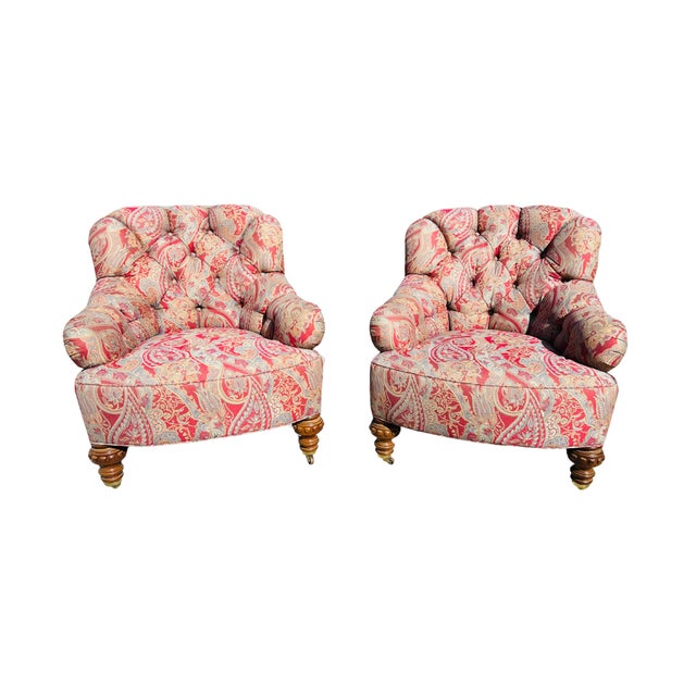 English Late 20th C Baker Furniture Tufted Club Armchairs, George Smith Style Paisley Upholstery, Brass Casters – Pair For Sale - Image 3 of 18