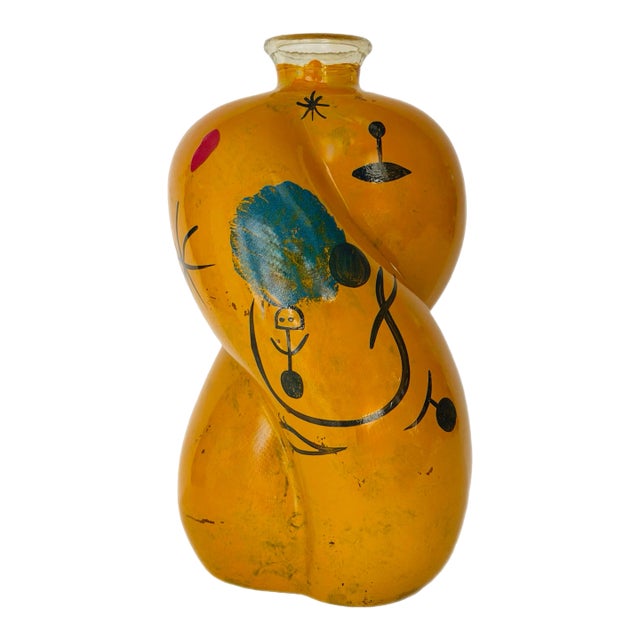 Late 20th Century Joan Miró Style Sculptural Yellow Hand Painted Art Glass Vase For Sale