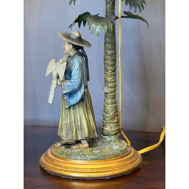 Pair of Cold Painted Bronze Figural Lamps With Mottled Paper Shades For Sale - Image 9 of 16