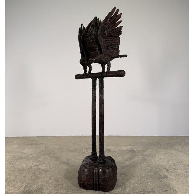 Bronze Double Eagle Sculpture on Japanese Stand, 68”h – Hand-Carved Style Pedestal Form For Sale - Image 12 of 13