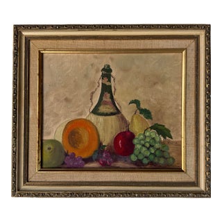 1970s Frances Heller “Fruit and Wine” Still Life Oil on Canvas Board Painting, Wood Framed For Sale