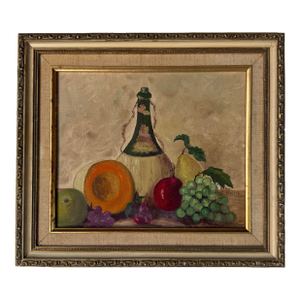 1970s Frances Heller “Fruit and Wine” Still Life Oil on Canvas Board Painting, Wood Framed
